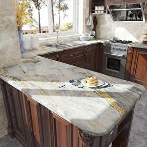 Bien Home 50x100 CM Mat Gri ve Altın Mermer Desenler Yapışkanlı Kaplama PVC Folyo BH624