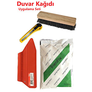 4'lü Süper Set Duvar Kağıdı Uygulama Seti Yapıştırıcısı-125 Gram Tutkal-Spatula-Ahşap fırça-Falçata