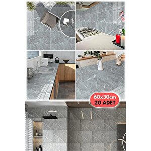 20 Adet 60x30 Gri Modern Su Geçirmez Duvar Çıkartmaları Kendinden Yapışkanlı Fayans Etiket Zemin