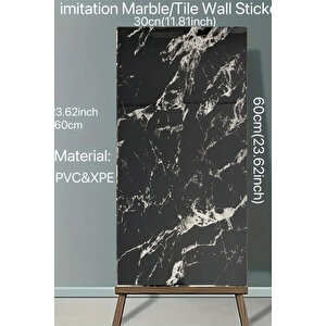30x60 Cm Beyaz Şerit Siyah Mermer Desenli Kendinden Yapışkanlı Köpük Banyo PVC Duvar Paneli-UK-M08