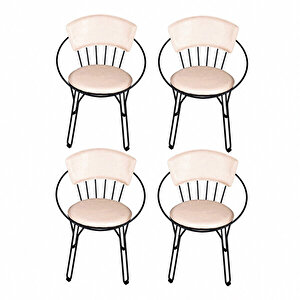 Oval Siyah  Sandalye Beyaz Minderli 4 Lü Set Beyaz
