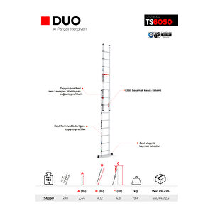 Çağsan 2x8 Basamaklı Duo - İki Parçalı Alüminyum Merdiven Ts6050