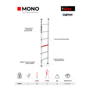 Çağsan 6 Basamaklı Mono - Tek Parçalı Alüminyum Merdiven T6020
