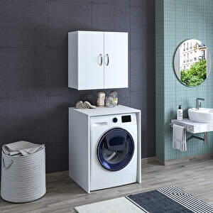 Çok Amaçlı Banyo Üst Dolaplı Çamaşır Makinesi Dolabı Takımı Beyaz Cd6