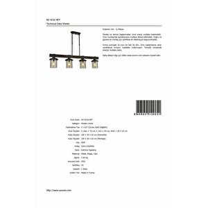 Sığınak Modern Avize E27 48w 95x15cm Metal Eskitme Avonni-av-4216-4ey