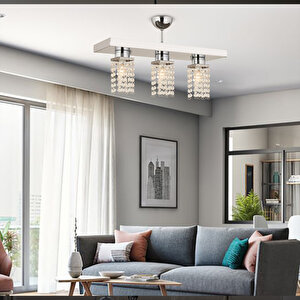 Peter 3lü Sıralı Krom  Kristalli, Taşlı Modern Tasarım Kristal Salon Avize Üçlü