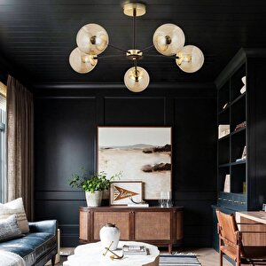 Nide 5li Siyah Gold Bal Camlı Modern Genç Odası Yatak Odası Retro Salon Avize Gold