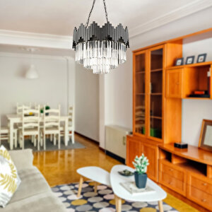 Navona Siyah Kristalli, Taşlı Modern Tasarım Kristal Salon Avize Siyah