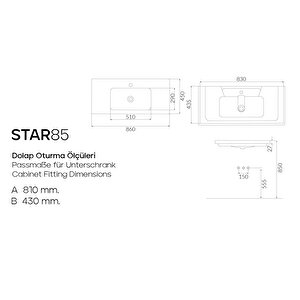 Karen Banyo Star 85 Cm, Dolap Uyumlu Seramik Lavabo