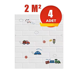 4 Adet, 70x77 Cm Beyaz 0,54M² Araç Temalı Kendinden Yapışkanlı Çocuk Odası Duvar Kaplama Paneli Köpük-NF67