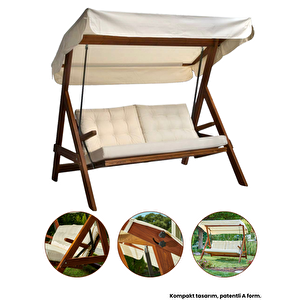 Paris 2000 FSC Mix Credit 3 Kişilik Ahşap Bahçe, Balkon,Teras Salıncağı (Özel Paket, Minder Seti Dahil)/Krem Krem