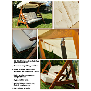 Paris 2000 FSC Mix Credit 3 Kişilik Ahşap Bahçe, Balkon,Teras Salıncağı (Özel Paket, Minder Seti Dahil)/Krem