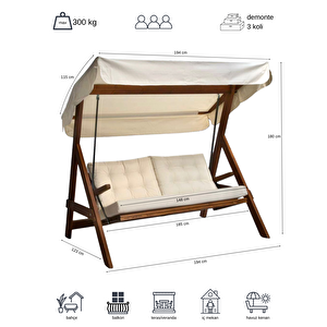 Paris 2000 FSC Mix Credit 3 Kişilik Ahşap Bahçe, Balkon,Teras Salıncağı (Özel Paket, Minder Seti Dahil)/Krem