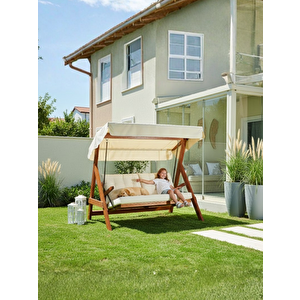 Paris 2000 FSC Mix Credit 3 Kişilik Ahşap Bahçe, Balkon,Teras Salıncağı (Özel Paket, Minder Seti Dahil)/Krem