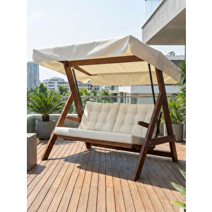 Paris 2000 FSC Mix Credit 3 Kişilik Ahşap Bahçe, Balkon,Teras Salıncağı (Özel Paket, Minder Seti Dahil)/Krem