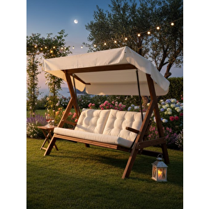 Paris 2000 FSC Mix Credit 3 Kişilik Ahşap Bahçe, Balkon,Teras Salıncağı (Özel Paket, Minder Seti Dahil)/Krem