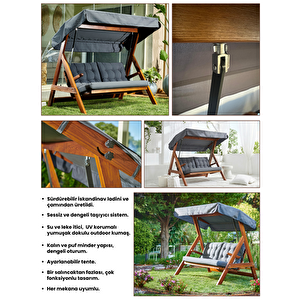 Paris 2000 FSC Mix Credit 3 Kişilik Ahşap Bahçe, Balkon,Teras Salıncağı (Özel Paket, Minder Seti Dahil)/Antrasit