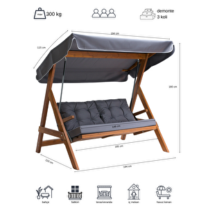 Paris 2000 FSC Mix Credit 3 Kişilik Ahşap Bahçe, Balkon,Teras Salıncağı (Özel Paket, Minder Seti Dahil)/Antrasit