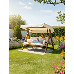 Lyon 2400 FSC Mix Credit , 4 Kişilik Yatak olma Özellikli Bahçe Balkon Teras Salıncağı/Krem Krem