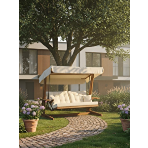 Sia 2400 – Iroko 4 Kişilik Yatak Olma Özellikli Bahçe & Balkon & Teras Salıncağı/Krem