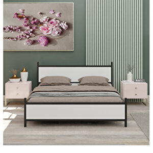 Gm 305 Modern Çift Kişilik Ahşap Metal Siyah Beyaz Karyola 140x190 Cm