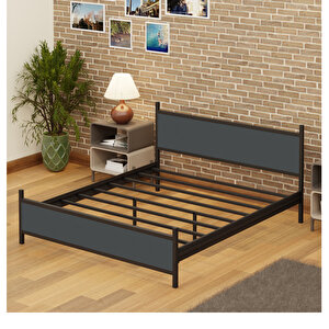 Gm 305 Modern Çift Kişilik Ahşap Metal Siyah Antrasit Gri Karyola 150x200 Cm