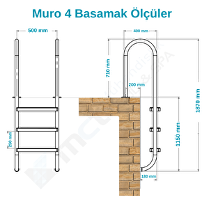 Paslanmaz Muro Havuz Merdiveni Aısı304 4 Basamaklı