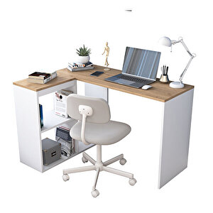 Rani Ha113 Çalışma Ofis Bilgisayar Masası 4 Raflı Köşeli Masa Beyaz - Sepet Ceviz 120 Cm
