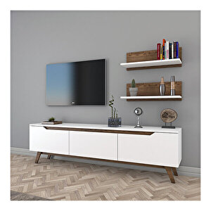 Rani D1 Duvar Raflı Tv Ünitesi Kitaplıklı Tv Sehpası Modern Ayaklı 180 Cm Beyaz - Minyatür Ceviz M48 Minyatür - Ceviz