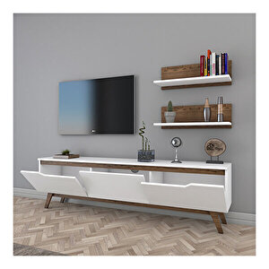 Rani D1 Duvar Raflı Tv Ünitesi Kitaplıklı Tv Sehpası Modern Ayaklı 180 Cm Beyaz - Minyatür Ceviz M48