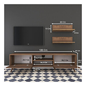 Rani A9 Duvar Raflı Tv Ünitesi Kitaplıklı Tv Sehpası Modern Ayaklı 180 Cm Minyatür Ceviz M48