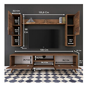 Rani A9 Duvar Raflı Tv Ünitesi Kitaplıklı Tv Sehpası Duvara Monte Raflı Modern Ayaklı 180 Cm Minyatür Ceviz M27