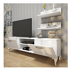 Rani A4 Duvar Raflı Tv Sehpası Kitaplıklı Tv Ünitesi Modern Ayaklı Tasarım 150 Cm Beyaz Beyaz