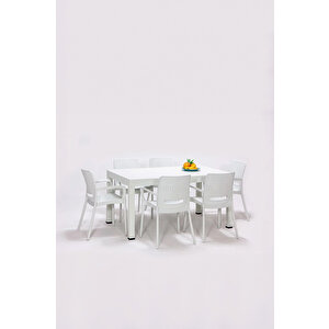 Rattan Kollu 90x150 Bahçe Masa Set Beyaz