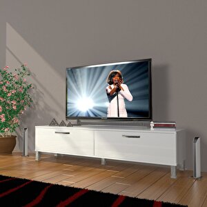 Eko 140 Mdf Std Krom Ayaklı Tv Ünitesi Tv Sehpası Parlak Beyaz