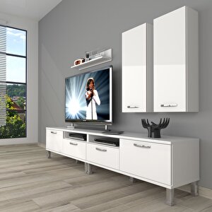 Eko 5200d Mdf Krom Ayaklı Tv Ünitesi Tv Sehpası Parlak Beyaz