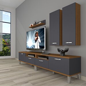 Eko 5200d Mdf Krom Ayaklı Tv Ünitesi Tv Sehpası Ceviz Antrasit