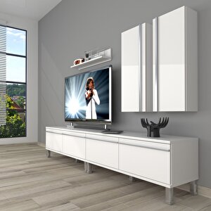 Eko 5200t Mdf Krom Ayaklı Tv Ünitesi Tv Sehpası Parlak Beyaz