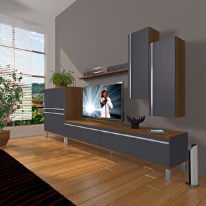 Eko 6 Mdf Std Krom Ayaklı Tv Ünitesi Tv Sehpası Ceviz Antrasit