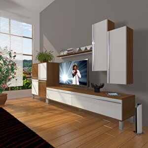 Eko 6 Mdf Std Krom Ayaklı Tv Ünitesi Tv Sehpası Ceviz Beyaz