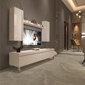 Eko 7 Mdf Std Krom Ayaklı Tv Ünitesi Tv Sehpası Parlak Beyaz