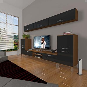 Eko 9 Mdf Dvd Krom Ayaklı Tv Ünitesi Tv Sehpası Ceviz-Siyah