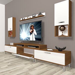 Ekoflex 270da Mdf Krom Ayaklı Tv Ünitesi Tv Sehpası Ceviz Beyaz