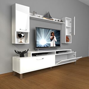 Ekoflex 5da Mdf Krom Ayaklı Tv Ünitesi Tv Sehpası Parlak Beyaz