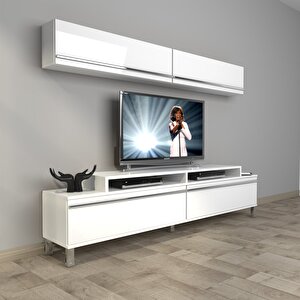 Ekoflex 5 Mdf Krom Ayaklı Tv Ünitesi Tv Sehpası Parlak Beyaz