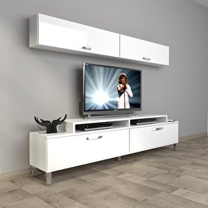 Ekoflex 5 Slm Krom Ayaklı Tv Ünitesi Tv Sehpası Parlak Beyaz