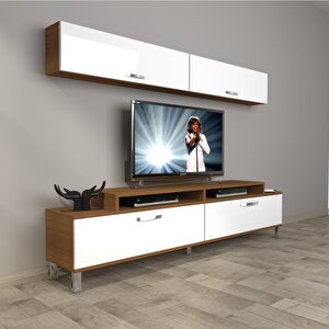 Ekoflex 5 Slm Krom Ayaklı Tv Ünitesi Tv Sehpası Ceviz Beyaz