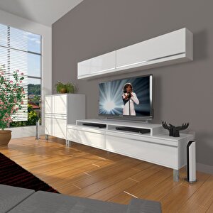 Ekoflex 6y Mdf Krom Ayaklı Tv Ünitesi Tv Sehpası Parlak Beyaz