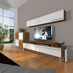 Ekoflex 6y Mdf Krom Ayaklı Tv Ünitesi Tv Sehpası Ceviz Beyaz
