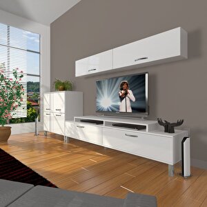 Ekoflex 6y Slm Krom Ayaklı Tv Ünitesi Tv Sehpası Parlak Beyaz